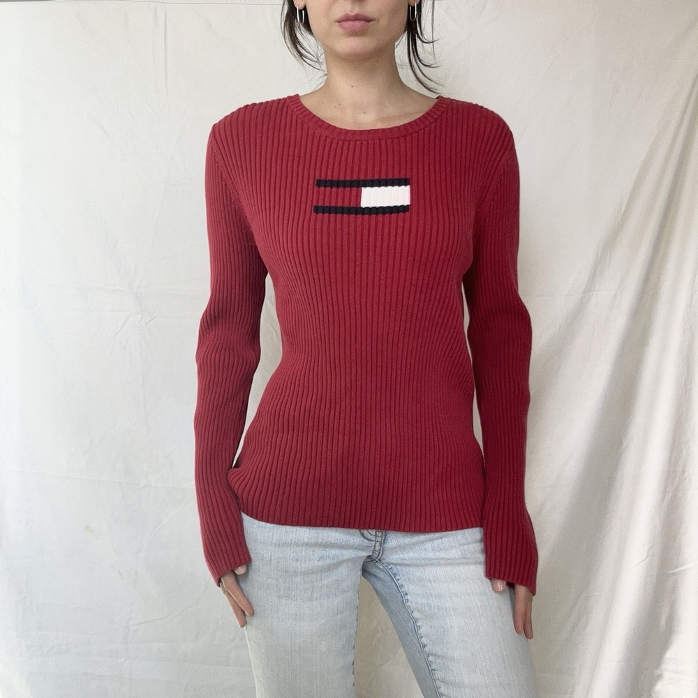 Tommy Hilfiger Red Flag Logo Cotton Stretch Sweater Y2K Preppy Blokette